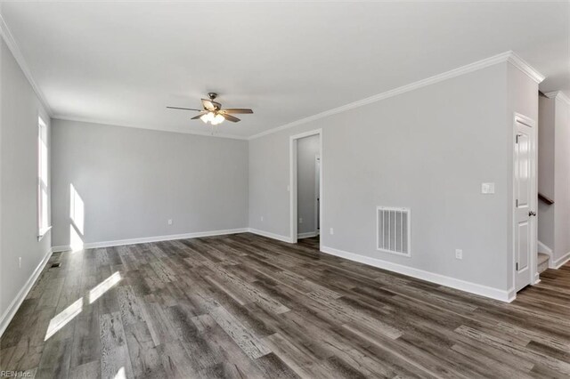 461 Joy Dr, Hampton, VA 23666 - spare room featuring crown molding, a ceiling fan, and dark wood-style floors