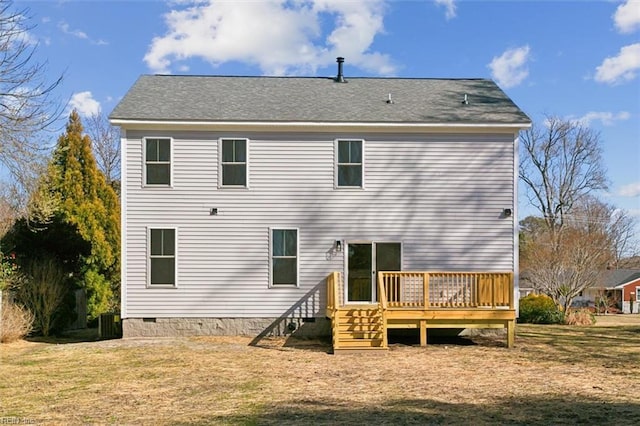 461 Joy Dr, Hampton, VA 23666 - rear view of house featuring crawl space, a wooden deck, and a lawn