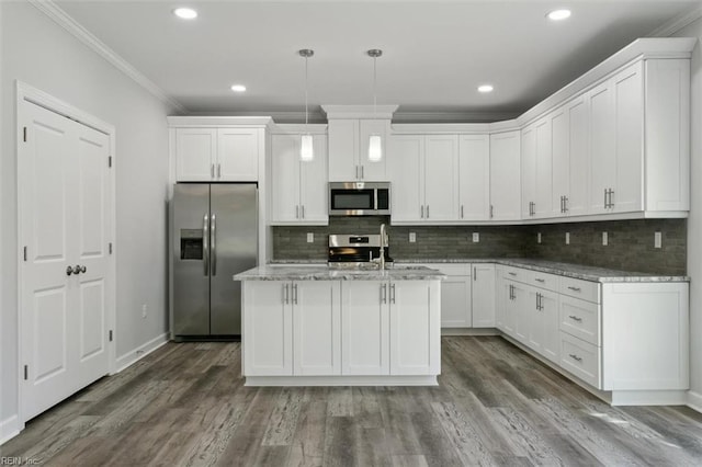 461 Joy Dr, Hampton, VA 23666 - kitchen with stainless steel appliances, crown molding, white cabinetry, light stone counters, and recessed lighting