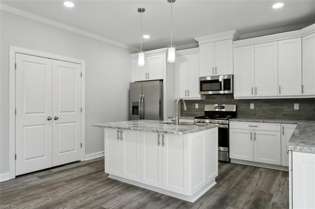 461 Joy Dr, Hampton, VA 23666 - kitchen with stainless steel appliances, ornamental molding, white cabinetry, tasteful backsplash, and recessed lighting