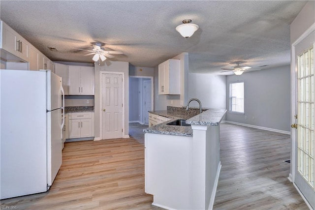 3957 Driftwood Way, Williamsburg, VA 23188 - kitchen with freestanding refrigerator, a ceiling fan, a peninsula, light stone counters, and a textured ceiling