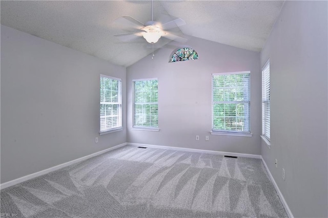 3957 Driftwood Way, Williamsburg, VA 23188 - spare room with plenty of natural light, carpet flooring, ceiling fan, lofted ceiling, and a textured ceiling