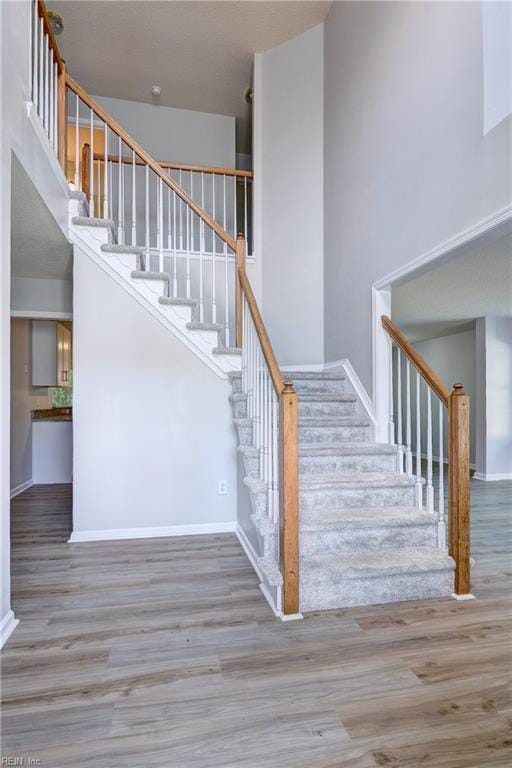 3957 Driftwood Way, Williamsburg, VA 23188 - staircase featuring wood finished floors and a towering ceiling