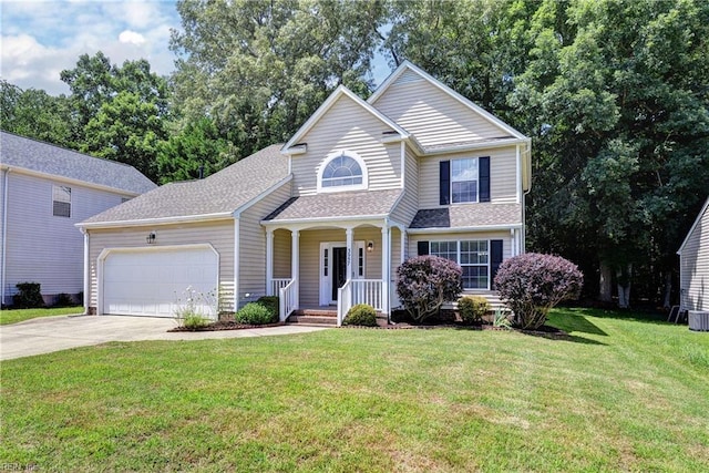 3957 Driftwood Way, Williamsburg, VA 23188 - traditional-style house featuring a porch, a garage, concrete driveway, and a front lawn