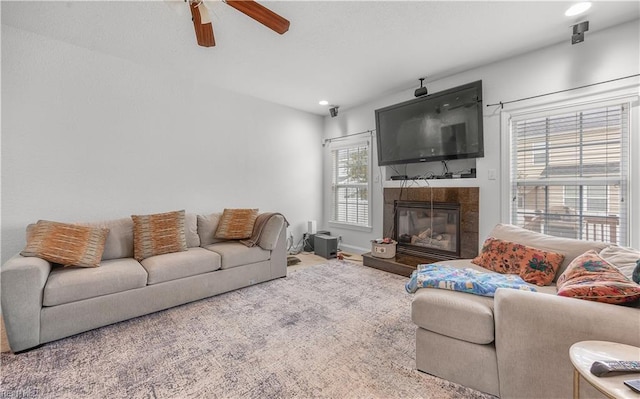 2008 Hopi Ct, Virginia Beach, VA 23464 - carpeted living room featuring ceiling fan, a tiled fireplace, and recessed lighting