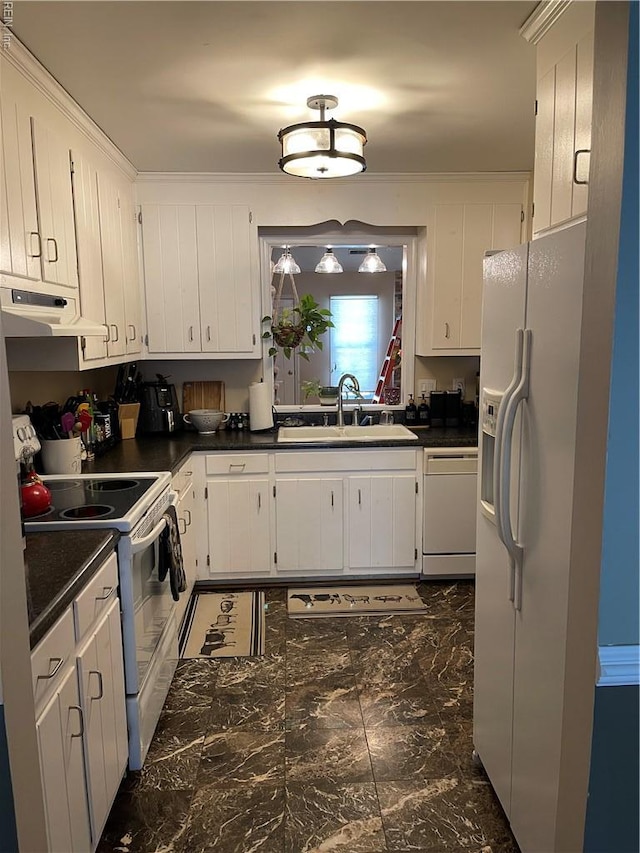 7656 The Points Pl, Gloucester Point, VA 23062 - kitchen with white appliances, under cabinet range hood, dark countertops, and dark marble finish flooring