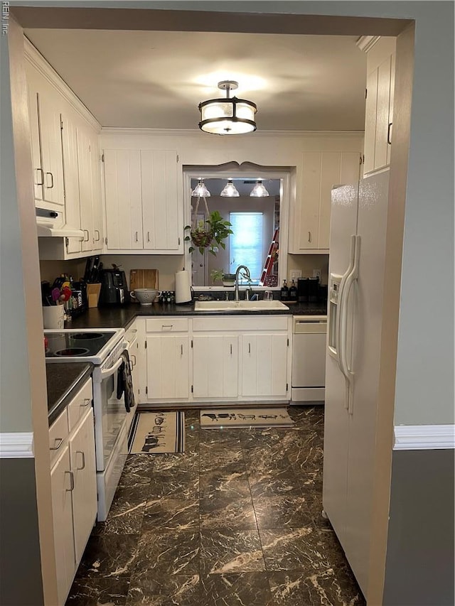 7656 The Points Pl, Gloucester Point, VA 23062 - kitchen featuring white appliances, dark countertops, white cabinets, and dark marble finish floors