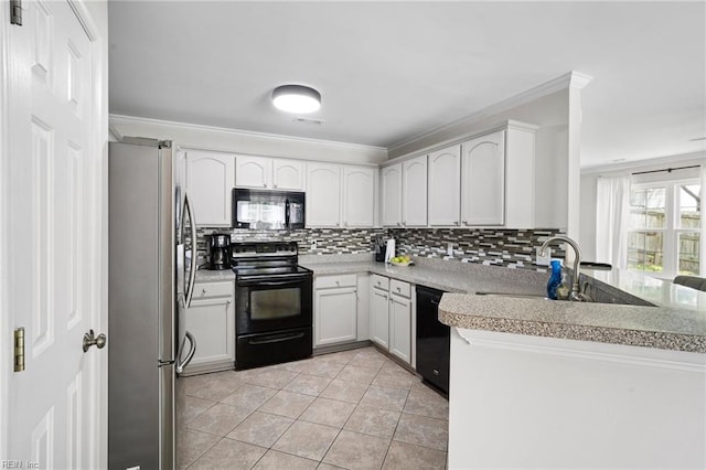200 Burgundy Rd, Williamsburg, VA 23185 - kitchen featuring black appliances, backsplash, a peninsula, light tile patterned flooring, and white cabinetry