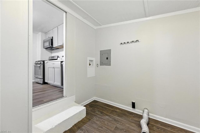 2007 Winfree Rd, Hampton, VA 23663 - washroom with dark wood finished floors, electric panel, washer hookup, and crown molding