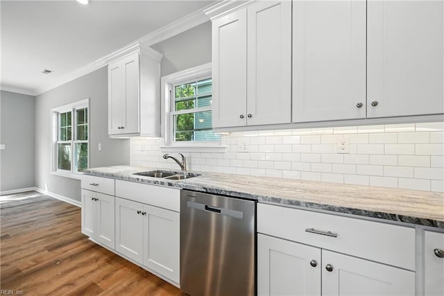 2152 Millville Rd, Chesapeake, VA 23323 - kitchen featuring dishwasher, crown molding, tasteful backsplash, wood finished floors, and white cabinets
