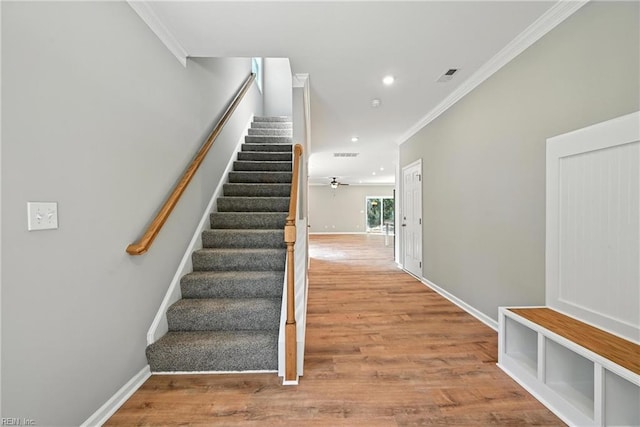2152 Millville Rd, Chesapeake, VA 23323 - stairway with crown molding, wood finished floors, recessed lighting, and a ceiling fan
