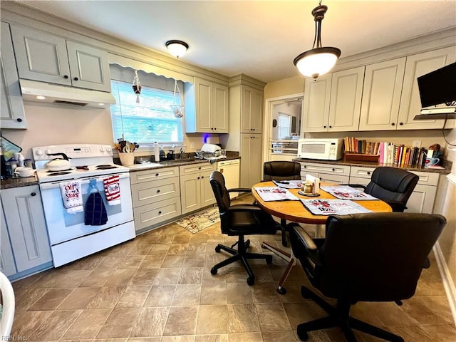 600 Cambria Ct, Virginia Beach, VA 23455 - kitchen with white appliances, under cabinet range hood, decorative light fixtures, dark countertops, and cream cabinetry