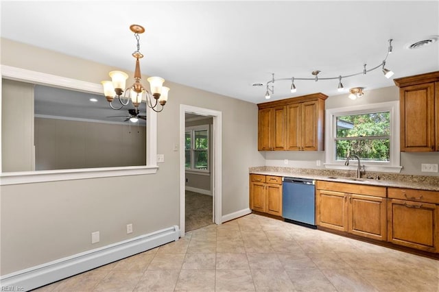 416 N Broad St, Suffolk, VA 23434 - kitchen featuring a baseboard radiator, dishwasher, brown cabinetry, a chandelier, and light countertops