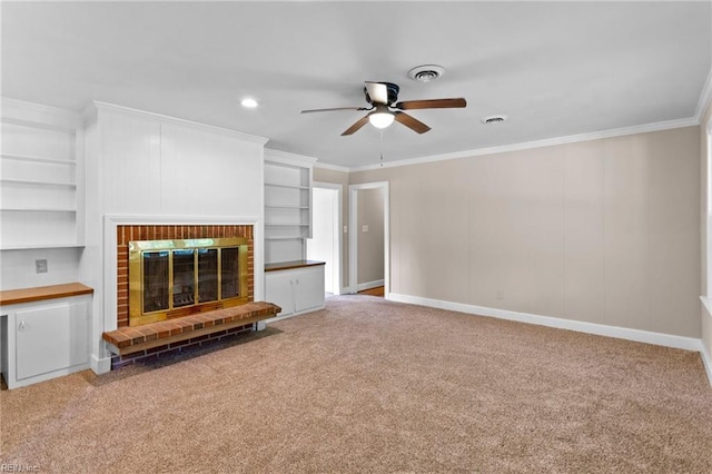 416 N Broad St, Suffolk, VA 23434 - unfurnished living room featuring a ceiling fan, ornamental molding, light carpet, a brick fireplace, and built in shelves