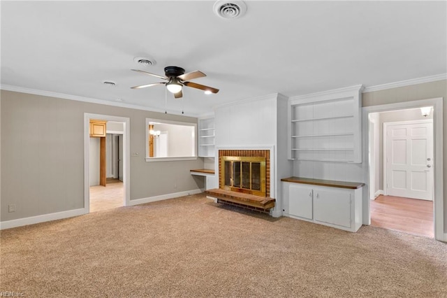 416 N Broad St, Suffolk, VA 23434 - unfurnished living room featuring light carpet, ceiling fan, crown molding, and a fireplace