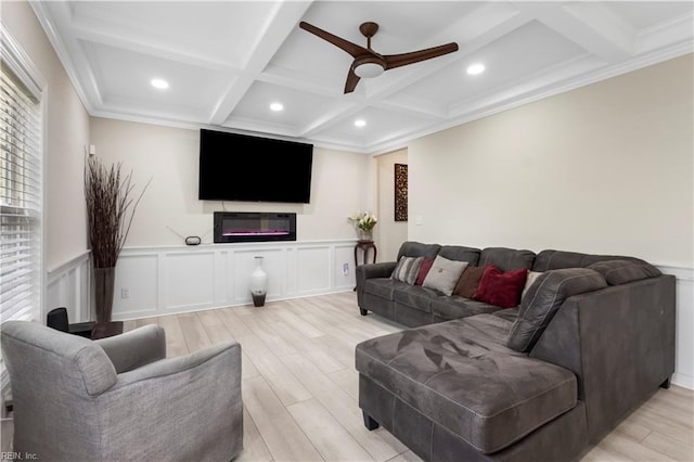 316 A Pocahontas Ave, Franklin, VA 23851 - living room featuring a ceiling fan, beam ceiling, light wood-style flooring, coffered ceiling, and recessed lighting