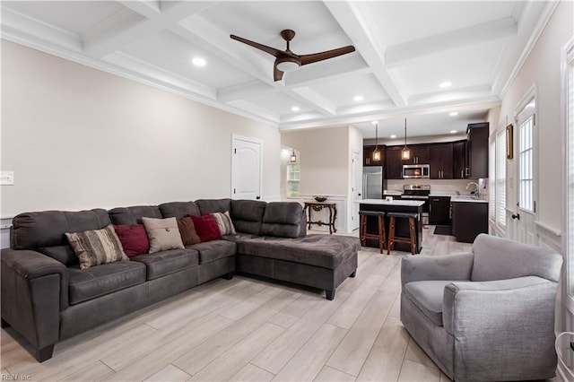 316 A Pocahontas Ave, Franklin, VA 23851 - living area featuring beamed ceiling, ceiling fan, coffered ceiling, plenty of natural light, and light wood-style floors
