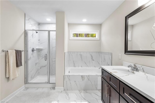 316 A Pocahontas Ave, Franklin, VA 23851 - full bath featuring vanity, a garden tub, a marble finish shower, marble finish flooring, and recessed lighting