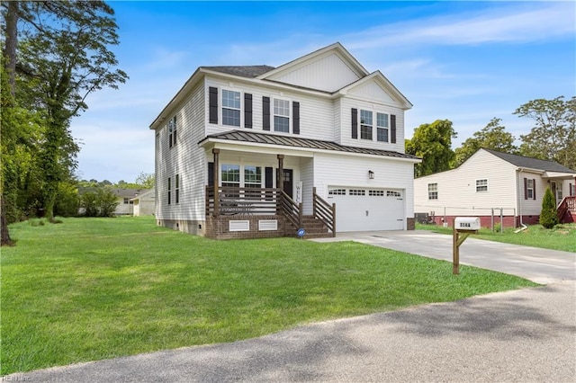 316 A Pocahontas Ave, Franklin, VA 23851 - view of front of house with covered porch, concrete driveway, a garage, a standing seam roof, and a front lawn