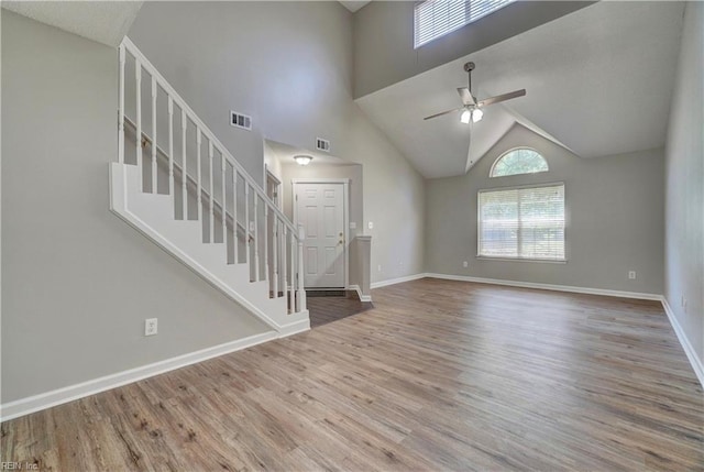 3856 Lasalle Dr Unit 107, Virginia Beach, VA 23453 - unfurnished living room featuring wood finished floors, stairs, a ceiling fan, and high vaulted ceiling