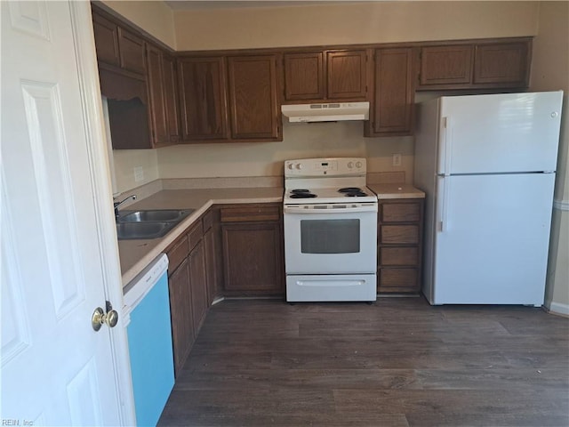 812 Liberal Arts Ct, Virginia Beach, VA 23462 - kitchen featuring white appliances, under cabinet range hood, dark wood-style floors, and light countertops