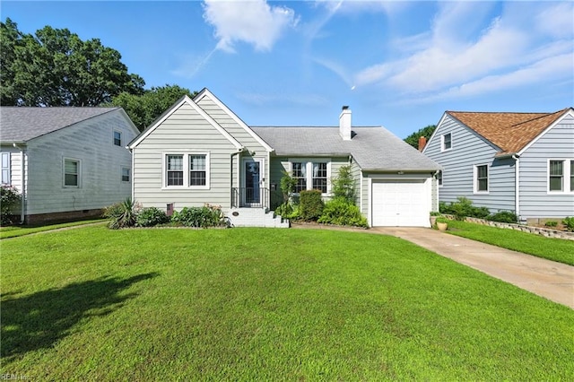 139 Chancellor Rd, Hampton, VA 23661 - view of front of home featuring concrete driveway, an attached garage, a chimney, and a front yard