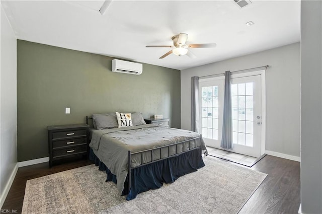 1245 Bells Mill Rd, Chesapeake, VA 23322 - bedroom featuring a wall mounted air conditioner, access to outside, wood finished floors, and ceiling fan