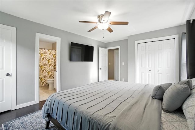 1245 Bells Mill Rd, Chesapeake, VA 23322 - bedroom featuring dark wood-type flooring, a closet, ceiling fan, and connected bathroom