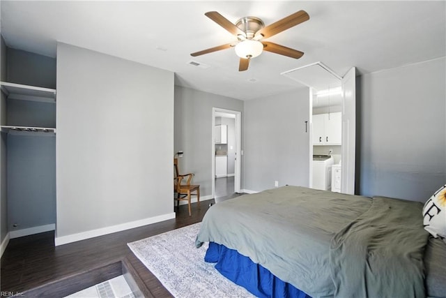 1245 Bells Mill Rd, Chesapeake, VA 23322 - bedroom featuring attic access, washing machine and clothes dryer, wood finished floors, a ceiling fan, and ensuite bathroom