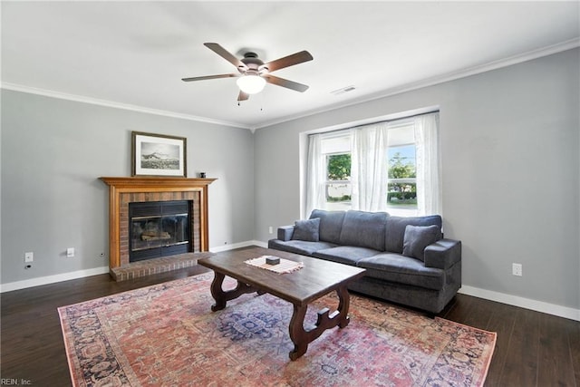 1245 Bells Mill Rd, Chesapeake, VA 23322 - living room with a ceiling fan, crown molding, wood finished floors, and a brick fireplace