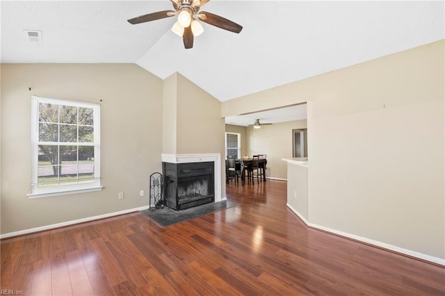 5012 Thatcher Way, Virginia Beach, VA 23456 - living area featuring a ceiling fan, wood finished floors, lofted ceiling, and a multi sided fireplace