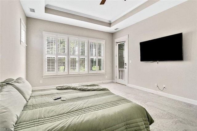113 Saint Andrews, Smithfield, VA 23430 - bedroom featuring carpet, access to exterior, ceiling fan, and a tray ceiling