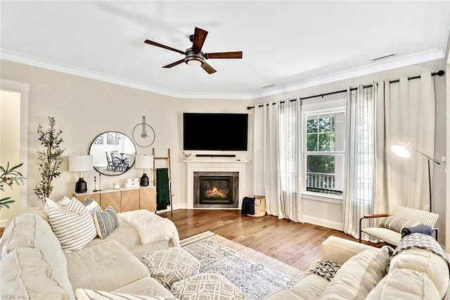 113 Saint Andrews, Smithfield, VA 23430 - living room with a ceiling fan, wood finished floors, ornamental molding, and a glass covered fireplace
