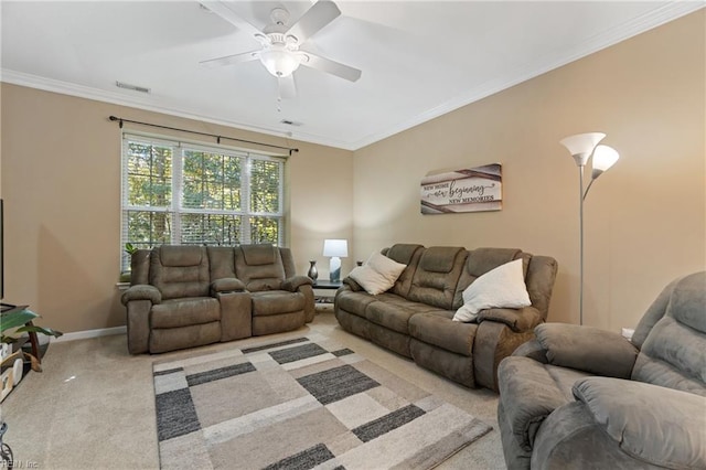 507 Marsh Hawk Trl, Carrollton, VA 23314 - living area featuring carpet floors, ceiling fan, and ornamental molding