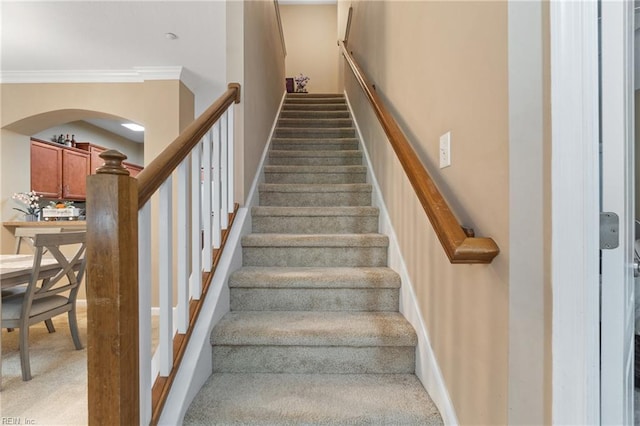 507 Marsh Hawk Trl, Carrollton, VA 23314 - stairs with carpet floors, crown molding, and arched walkways