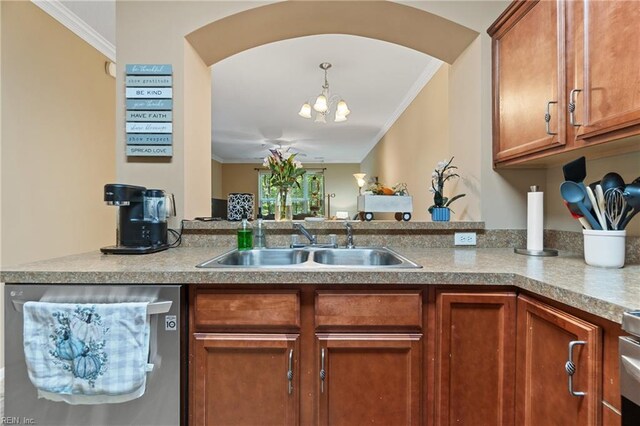 507 Marsh Hawk Trl, Carrollton, VA 23314 - kitchen with dishwasher, ornamental molding, a chandelier, brown cabinets, and a peninsula