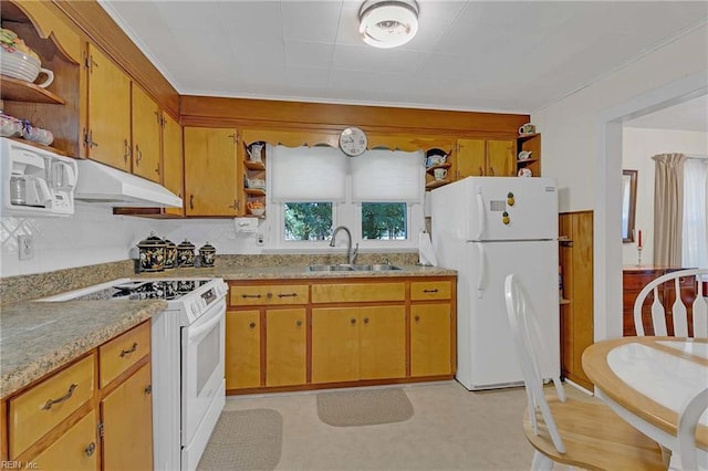8579 Farys Mill Rd, Gloucester, VA 23061 - kitchen featuring open shelves, white appliances, under cabinet range hood, light countertops, and brown cabinetry