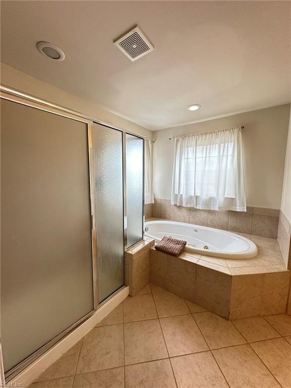 5837 Flowering Peach Ln, Providence Forge, VA 23140 - bathroom with a whirlpool tub, a stall shower, tile patterned floors, and recessed lighting