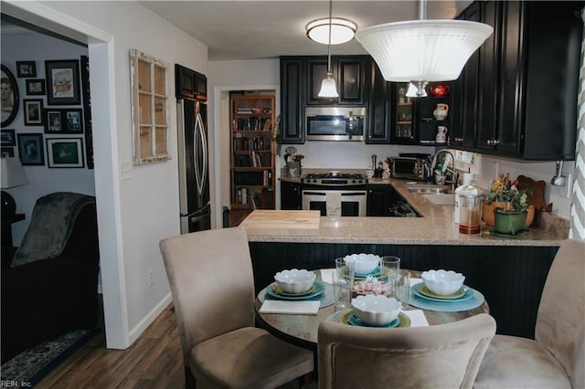 3728 Sidley Rd, Chesapeake, VA 23321 - kitchen with appliances with stainless steel finishes, dark wood-style floors, dark cabinetry, light countertops, and a peninsula