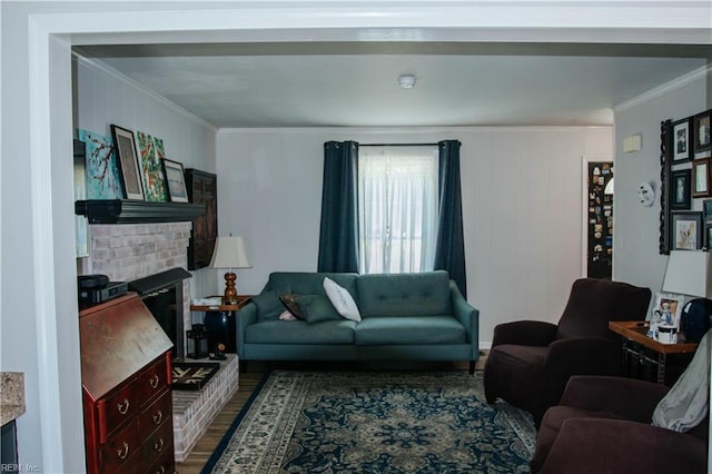 3728 Sidley Rd, Chesapeake, VA 23321 - living area with ornamental molding, dark wood finished floors, and a brick fireplace