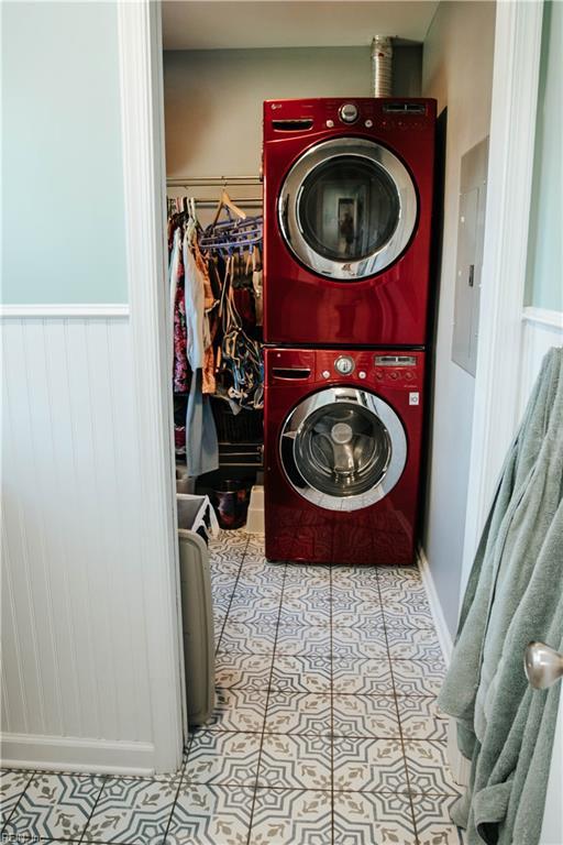 3728 Sidley Rd, Chesapeake, VA 23321 - washroom featuring stacked washer and clothes dryer, electric panel, and tile patterned flooring