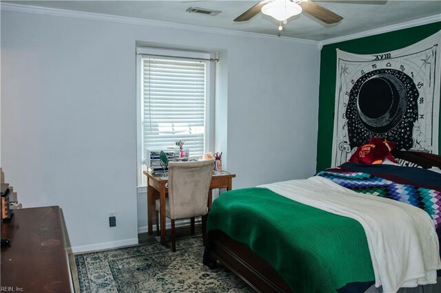 3728 Sidley Rd, Chesapeake, VA 23321 - bedroom with ornamental molding, wood finished floors, ceiling fan, and an office area