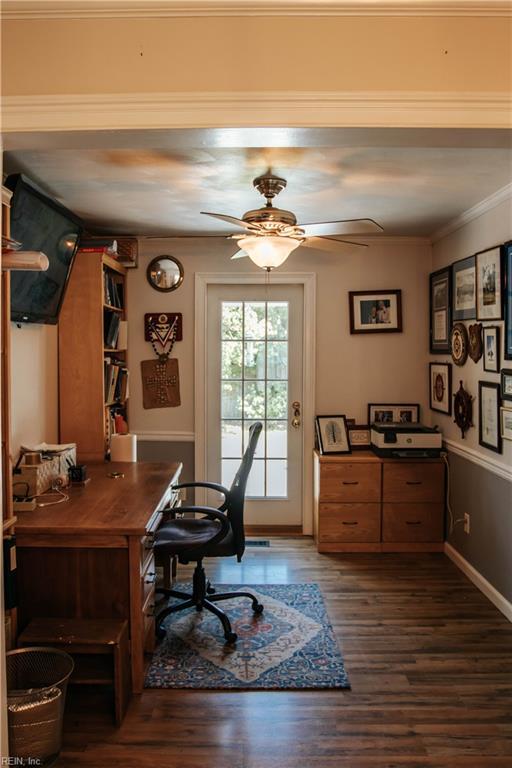 3728 Sidley Rd, Chesapeake, VA 23321 - office with a ceiling fan, dark wood-type flooring, and crown molding