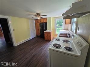 1697 Old Ferry Rd, Hudgins, VA 23076 - kitchen with electric range, ventilation hood, dark wood finished floors, a ceiling fan, and light countertops