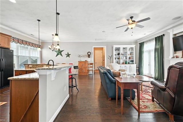 3209 Dodd Dr, Chesapeake, VA 23323 - living room featuring crown molding, a ceiling fan, and dark wood-style floors