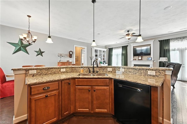 3209 Dodd Dr, Chesapeake, VA 23323 - kitchen with black dishwasher, open floor plan, crown molding, light stone countertops, and a ceiling fan