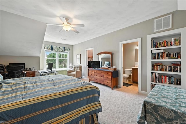 3209 Dodd Dr, Chesapeake, VA 23323 - bedroom with light colored carpet, an office area, ceiling fan, and connected bathroom