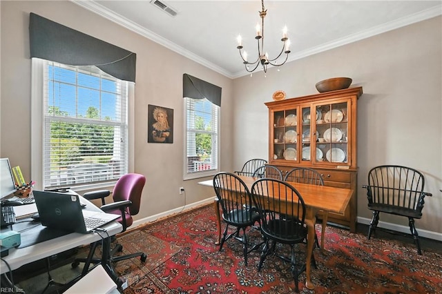 3209 Dodd Dr, Chesapeake, VA 23323 - dining room featuring a chandelier, ornamental molding, and an office area