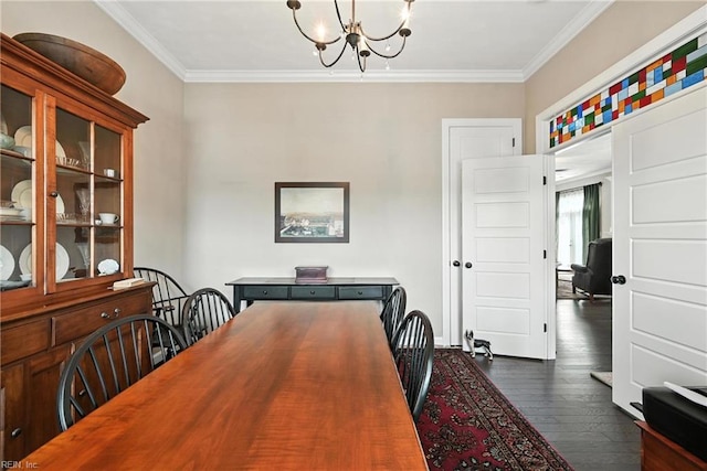3209 Dodd Dr, Chesapeake, VA 23323 - dining space with dark wood-style floors, a chandelier, and ornamental molding