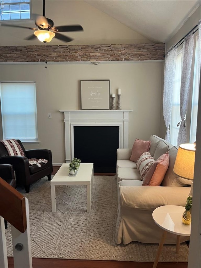 182 Old Bridge Rd, Newport News, VA 23608 - living area featuring lofted ceiling, a fireplace, and ceiling fan